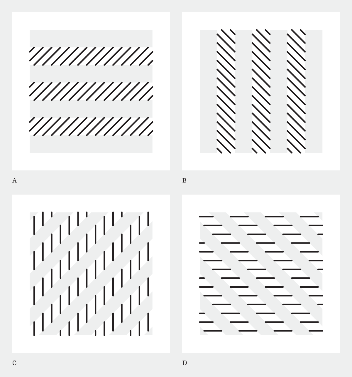 A series of four square white cards, each labelled with a letter. Each has stripes cut out of it and black stripes printed on it. A: Horizontal stripes cut out, diagonal black stripes from top right to bottom left printed. B: Vertical stripes cut out, diagonal black stripes from top left to bottom right printed. C: Diagonal stripes from top right to bottom left cut out, black vertical stripes printed. D: Diagonal stripes from top left to bottom right cut out, horizontal black stripes printed.