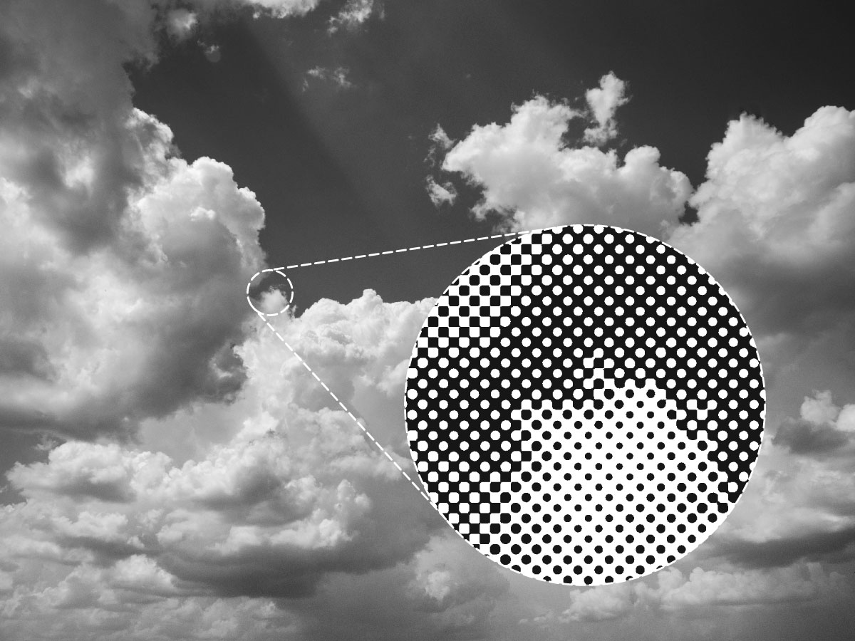 Clouds, with a dotted white circle framing a small portion of the image. Dotted lines extend from the circle toward a larger dotted circle, indicating an enlargement of the framed area of the image. The enlargment shows a matrix of black dots.