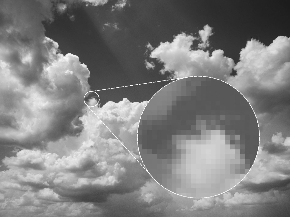 Clouds, with a dotted white circle framing a small portion of the image. Dotted lines extend from the circle toward a larger dotted circle, indicating an enlargement of the framed area of the image. The enlargment shows a grid of squares of varying shades of gray.