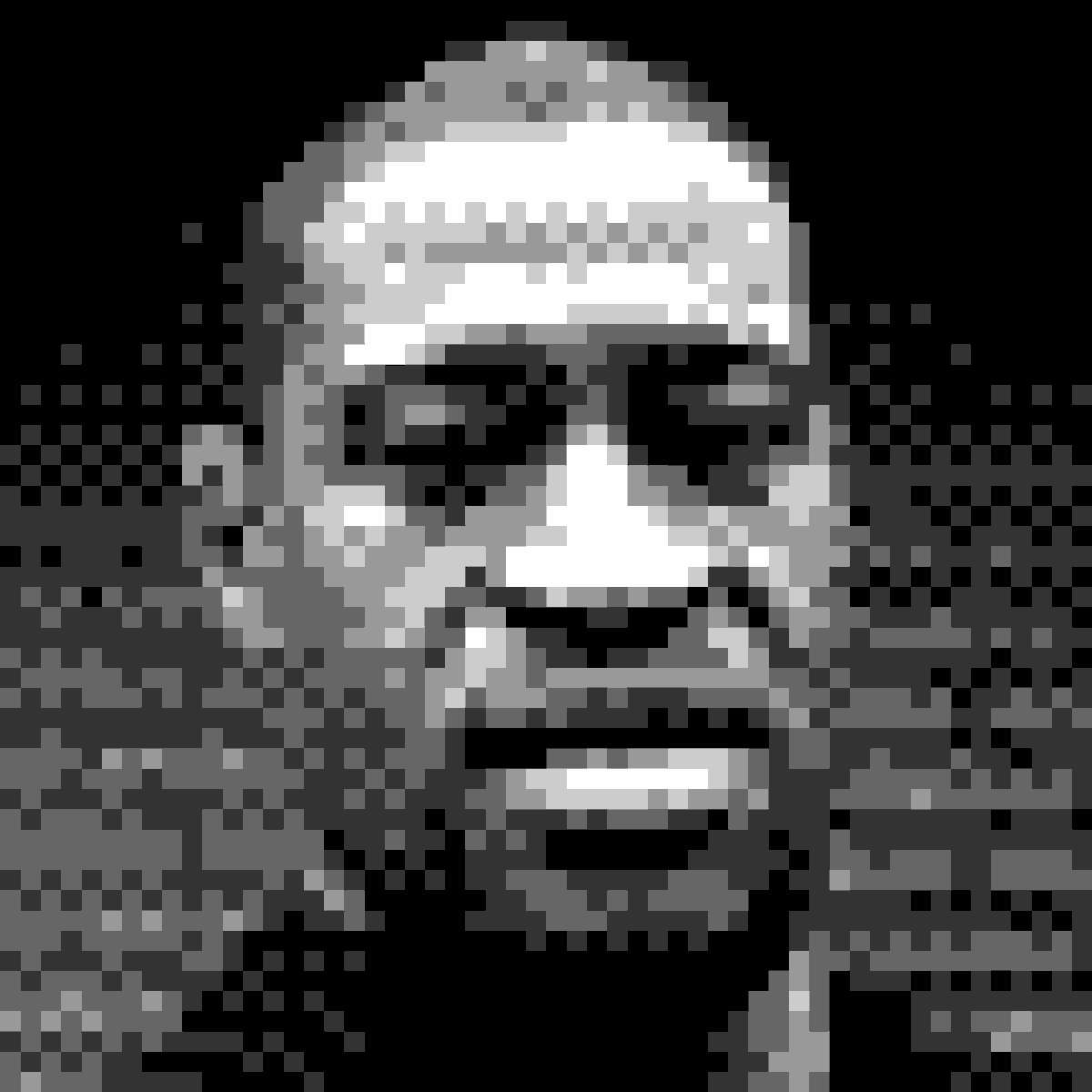 A low resolution photograph of George Floyd, a Black man, standing in front of a brick wall. The photo is 54 square pixels, each containing one of six shades of gray.