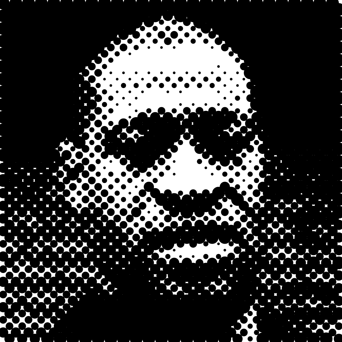 A halftone image of George Floyd, a Black man, in front of a brick wall. The halftone dots reduce the image’s clarity, making it more graphic than photographic.