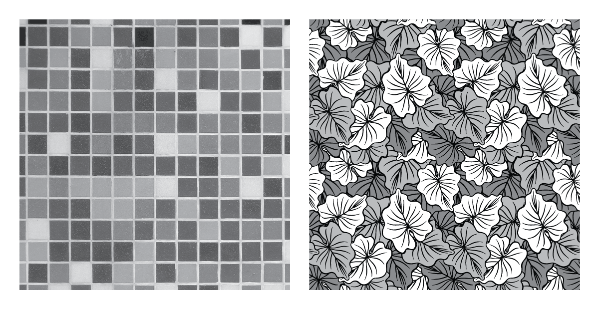 On the left, a mosaic of square tiles of various shades. On the right, an intricate pattern of illustrated leaves.