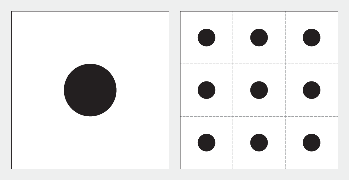 On the left, a white square tile with a black circle in the middle of it. On the right, a 3×3 arrangement of nine of the same tile makes a simple pattern.