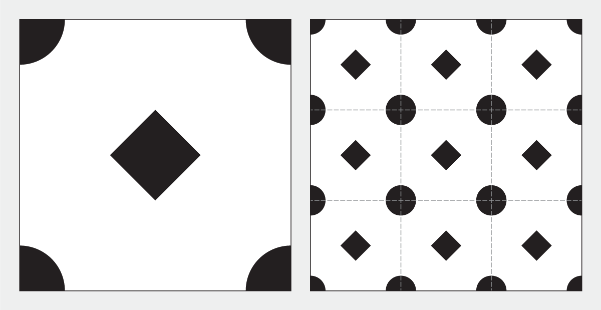 On the left, a white square tile with black quarter-circles in each of its four corners, with a black diamond in the middle. On the right, a 3×3 arrangement of the same tile makes an alternating pattern of circles and diamonds.