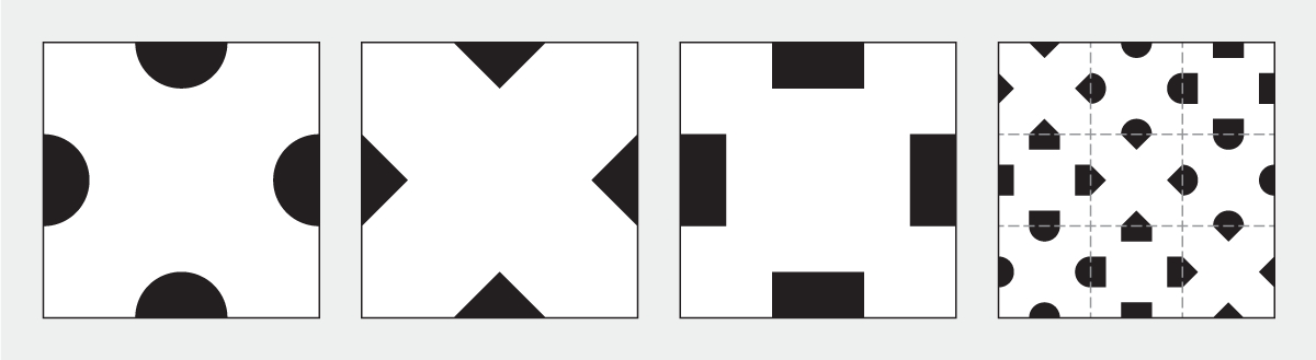 On the left, three white square tiles with halved shapes resting against each of the tiles’ four edges: circles, diamonds, and squares. On the right, a 3×3 arrangement of those same tiles makes a pattern of hybrid shapes.
