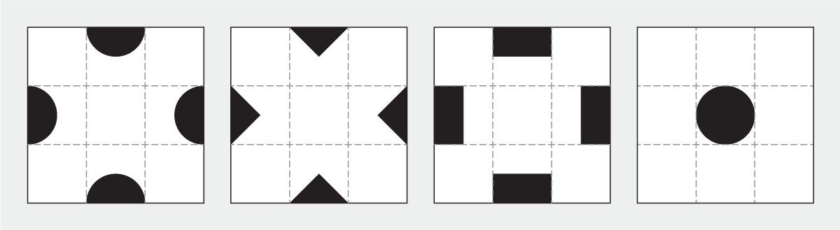 On the left, three white square tiles with halved shapes resting against each of the tiles’ four edges: circles, diamonds, and squares. On the right, another white square tile with a black circle in the middle of it. Dashed lines show that all four tiles are designed on a 3×3 grid.