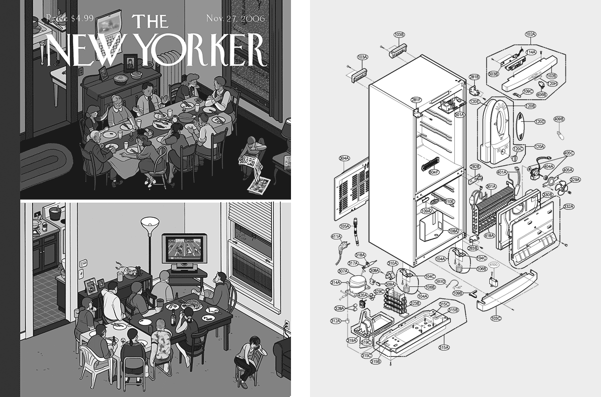 A New Yorker cover depicting two Thanksgiving scenes and a diagram showing the many parts of a refrigerator