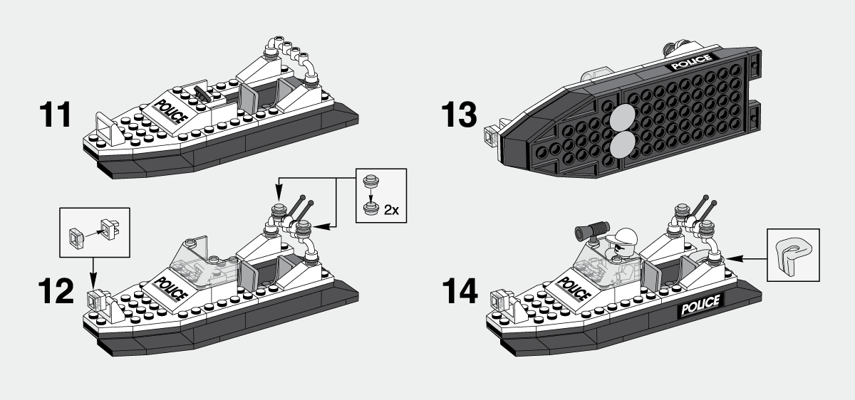 Illustration of four steps in the process of building a Lego boat