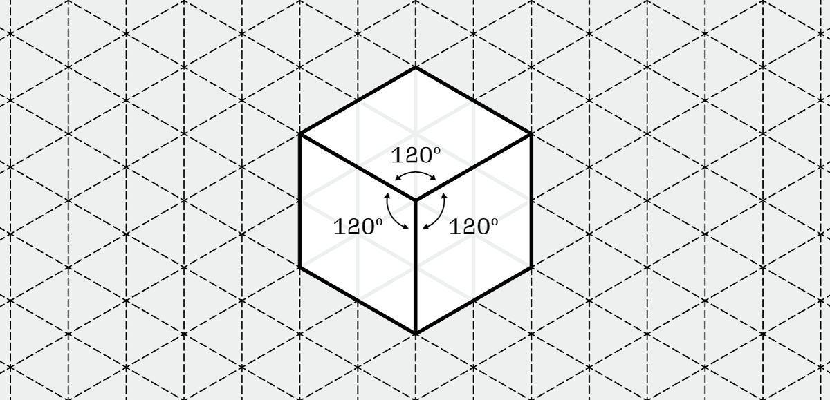 Isometric cube drawing on a dashed-line grid of triangles