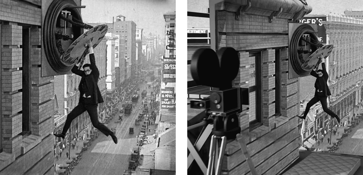 In the first image, a man hangs from a clock on the side of a building above a busy city street. The second image is the same scene, but zoomed out, showing a movie camera and a padded platform under the man.