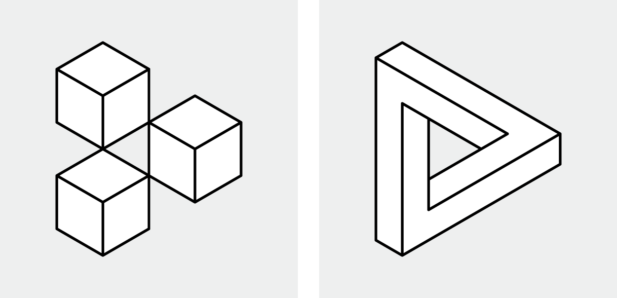 A triangle of three isometric cubes and an isometric triangle whose edges meet in contradictory ways