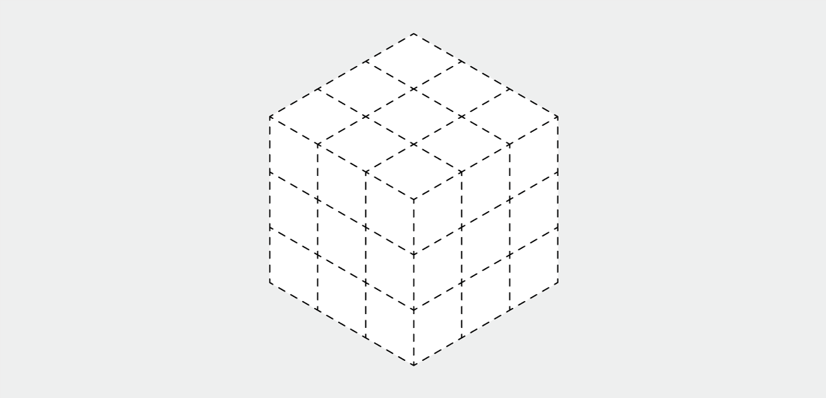 3×3×3 isometric cube, whose units of space are shown with dashed lines