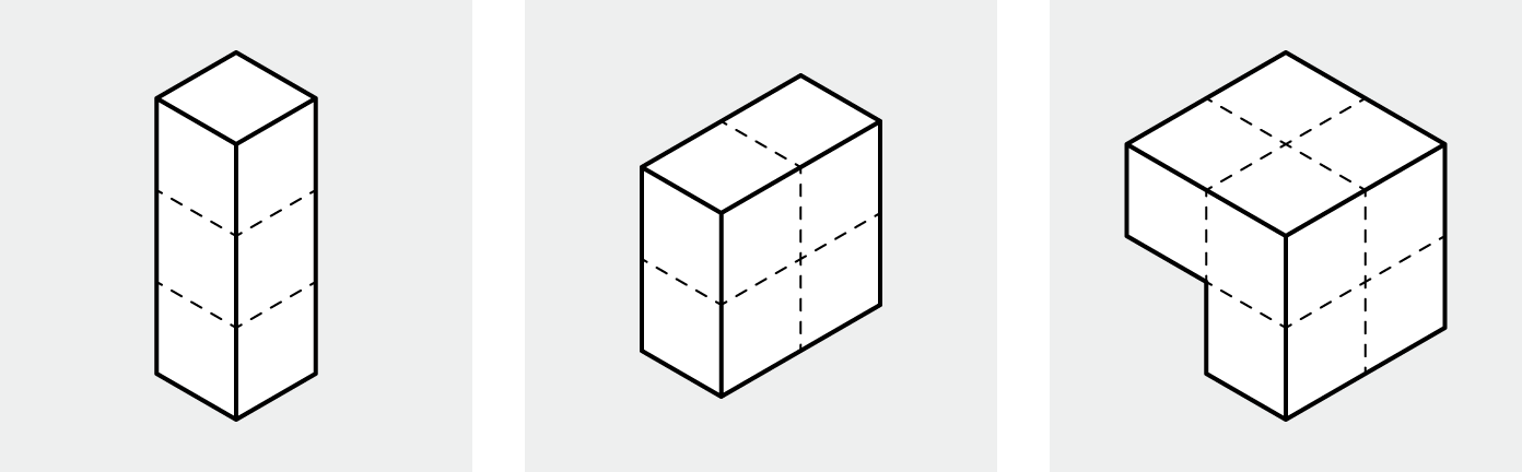 Three isometric blocks: 1×1×3, 1×2×2, and a fusion of two 1×2×2 isometric blocks, whose units of space are shown with dashed lines