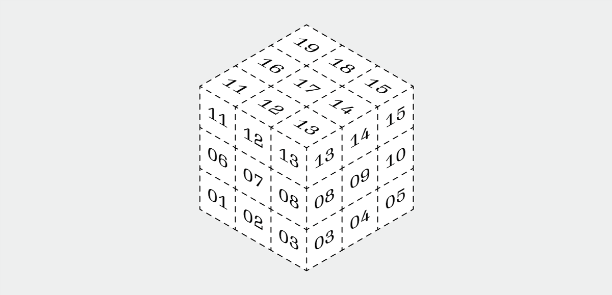 3×3×3 isometric cube, whose units of space are shown with dashed lines. The units are numbered 1 through 19.