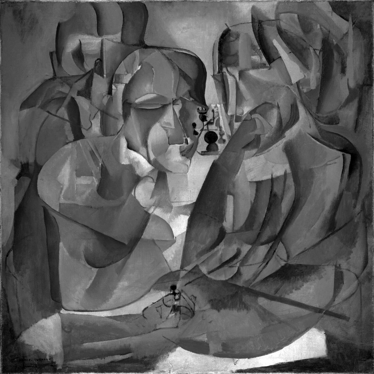 A Cubist painting of two people playing chess