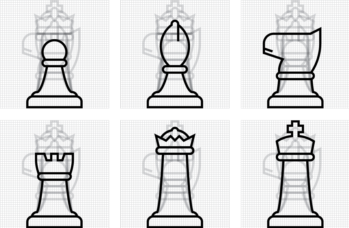 Six 50×50 grids, each of which has all six chess pieces drawn on it semitransparently and superimposed on top of each other. On each grid, a different piece is made opaque and given focus.
