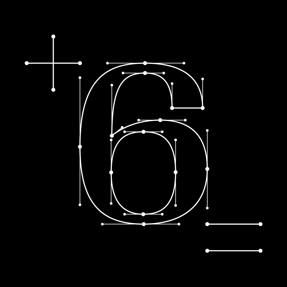 Text reading “+ = 6” stylized as dots with curved and straight lines connecting them
