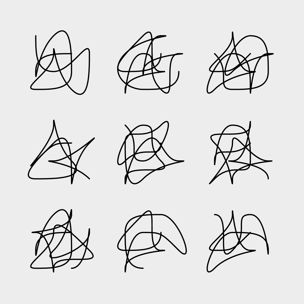 Nine scribbled lines that each occupy roughly the same size and (square) shape.