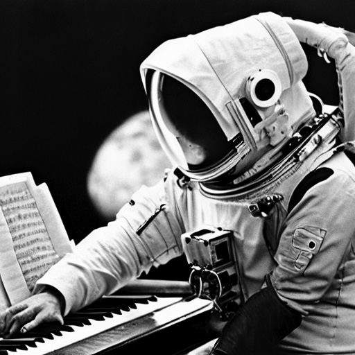 A photograph of an astronaut in a space suit extending their right hand to a piano keyboard. There is sheet music propped up behind the keys, and a planet or moon is visible behind the astronaut. The astronaut’s hand appears to be disfigured. The photo looks like it could have been taken in the 1930s.