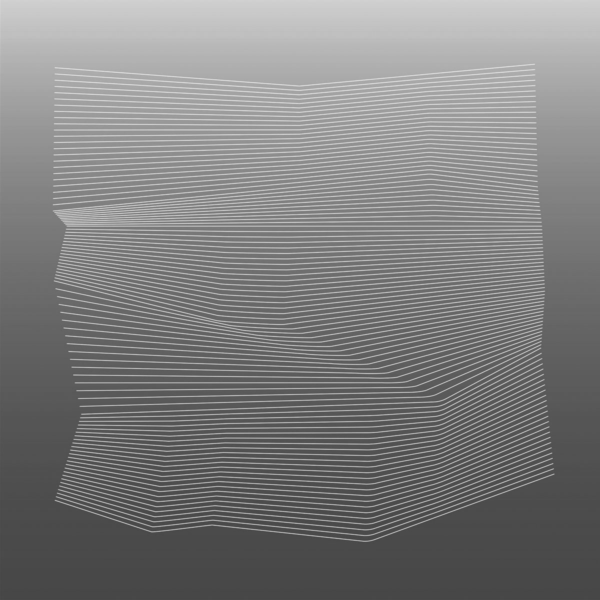 Atop a background gradient moving downward from light to dark, a dense field of horizontal white lines whose various contortions subtly suggest folds in a piece of paper