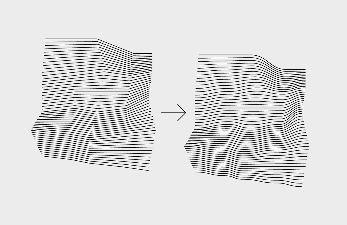 A form made of bent and jagged horizontal lines and another version of the same made of curved lines