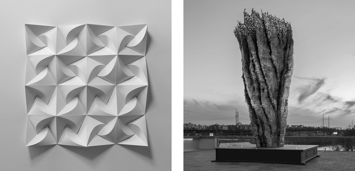 A paper sculpture on a 4×4 grid with various interactions of geometric curves, and a tall sculpture that looks like a craggy cliff face with an irregular lace texture at the top